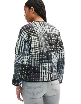 Women's Check Print Quilted Popper Front Jacket in Indigo Blue/Navy Patchwork