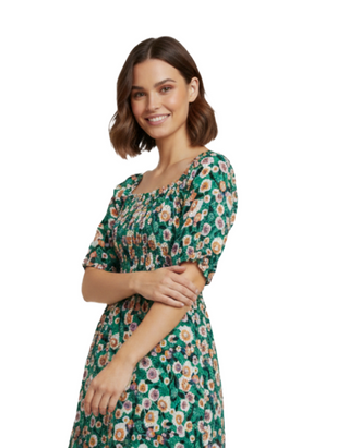 Women's Shirred Detail Floral Printed Dress - Green