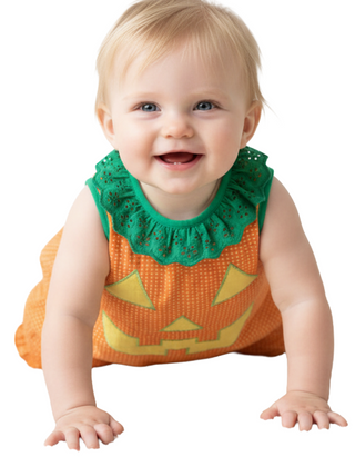 The Beaufort Bonnet Company Baby Halloween Ruffle Pumpkin Romper in Orange