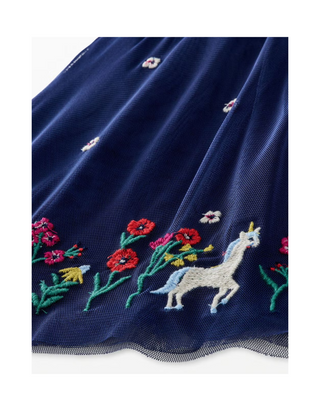 Girl's Embroidered Tulle Skater Dress in Blue Unicorn Starscape (Imperfect)