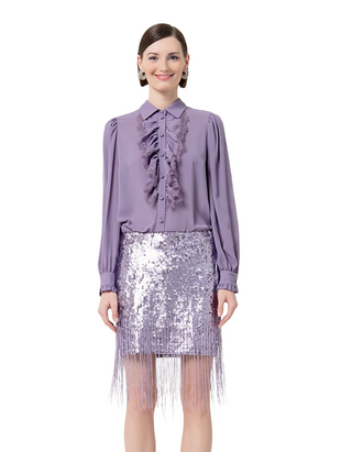 Women's All-Over Sequin Fringe Trim Skirt in Lilac