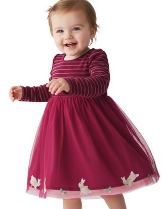JoJo Maman Girl's Festive Applique Tulle Dress in Berry Pink (Defect)