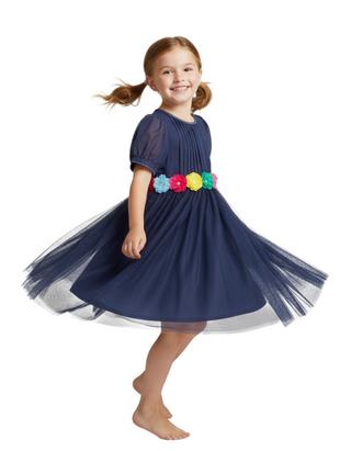 Mini Boden Girl's Flower Applique Tulle Dress in Navy (Imperfect)