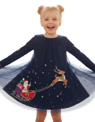 Mini Boden Girl's Applique Festive Tulle Dress in Navy Santa Ride