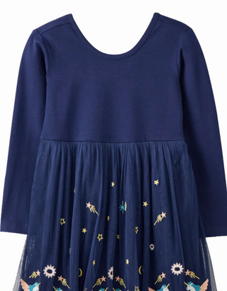 Girls' Long Sleeve Embroidered Tulle Skater Dress in Navy Unicorn (Imperfect)