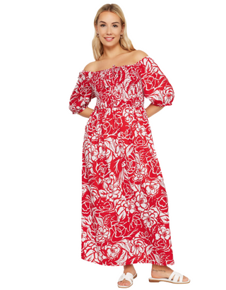 Women's Abstract Floral Print Shirred Maxi Dress in Red (Imperfect)