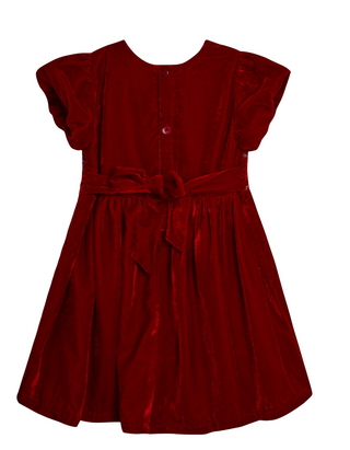 JoJo Maman Girls Smock Waist Velvet Party Dress in Red