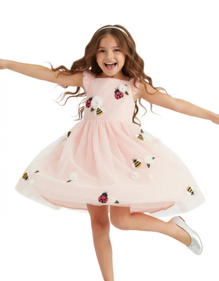 Mini Boden Girls' Flutter Flower Tulle Dress in Pastel Pink (Imperfect)