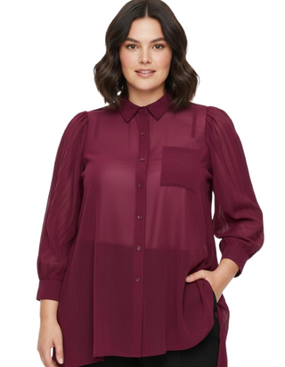 Women's Plus Size Long Pleat Sleeve Shirt in Berry Purple