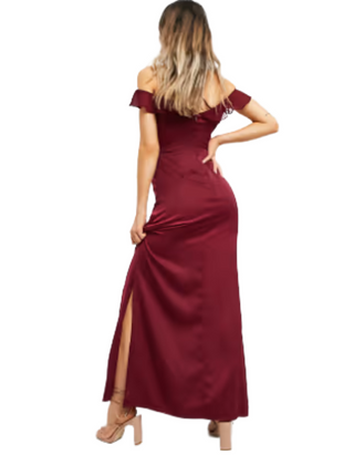 Women's Partywear Ruffle Satin Maxi Dress in Wine Pink