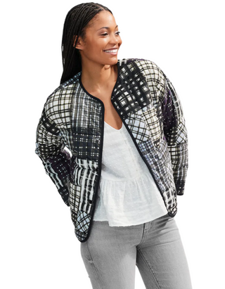 Women's Check Print Quilted Popper Front Jacket in Indigo Blue/Navy Patchwork