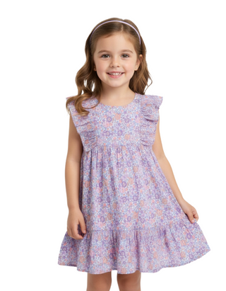 Jojo Maman Bebe Girl's Tropical Frill Back Summer Dress in Lilac Purple