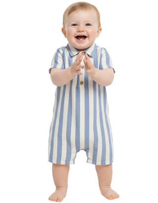 Baby Striped Linen Romper in Blue Mix