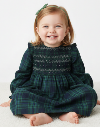Jojo Maman Bebe Festive Tartan Smocked Dress in Green