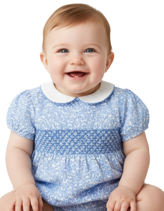 Jojo Maman Girls' Bud Print Smocked Baby Romper in Blue