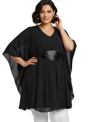 Women's Hand Embellished Waist Cape Top in Black (Imperfect)