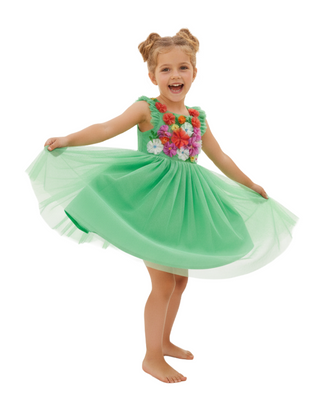 Mini Boden Girls' Embellished Floral Applique Tulle Dress in Green