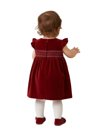 JoJo Maman Bébé Girl's Smocked Velvet Baby Dress in Burgundy