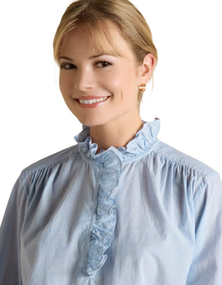Women's Long Sleeve Melanie Striped Cotton Frill Blouse in Blue