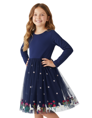 Girl's Embroidered Tulle Skater Dress in Blue Unicorn Starscape (Imperfect)