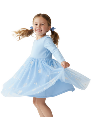 Girl’s Tulle Dress Embroidered Skater Dress in Blue on Snow Flakes (Imperfect)
