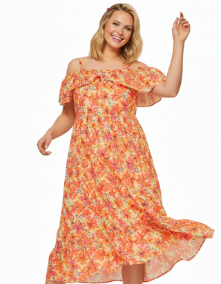 Women's Plus Size Floral Frill Cold Shoulder Midi Dress in Orange