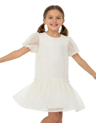 Billieblush Girls Starry Print Chiffon Dress in Cream & Gold