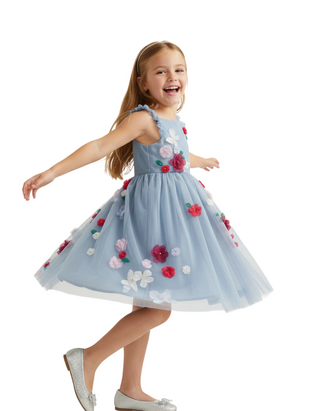 Mini Boden Girls' Flutter Flower Tulle Dress in Pastel Blue