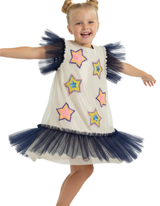 Billieblush Girls' Mesh Applique Tulle Dress in Unique Ecru