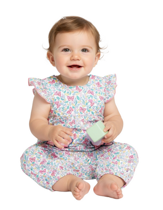 Jojo Maman Bebe Baby Butterfly Applique Pockets Pretty Sunsuit in White Multi