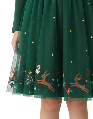 Girl's Embroidered Festive Tulle Dress in Forest Green (Imperfect)