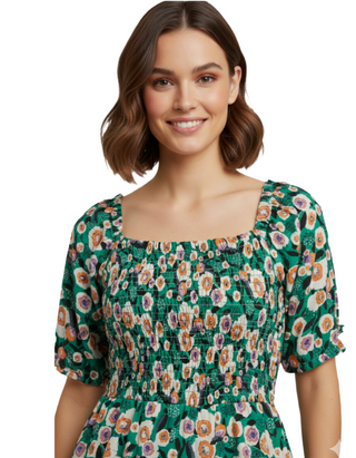 Women's Shirred Detail Floral Printed Dress - Green
