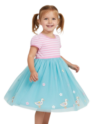 Jojo Maman GIrls' Applique Duck Tulle Party Dress in Blue