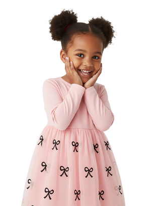 Girls' Long Sleeve Embroidered Tulle Skater Dress in Pink Bows (Imperfect)
