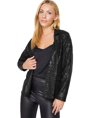 Women's Petite Sequin Long Sleeve Blazer in Black