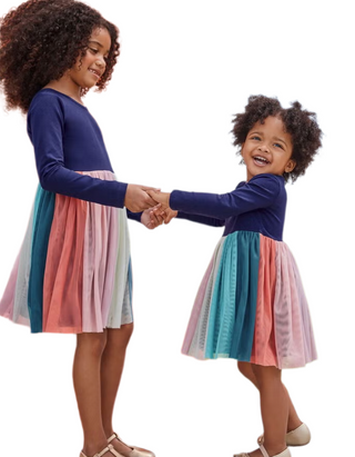 Girls' Long Sleeve Tulle Rainbow Dress in Navy (Imperfect)