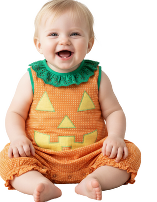 The Beaufort Bonnet Company Baby Halloween Ruffle Pumpkin Romper in Orange