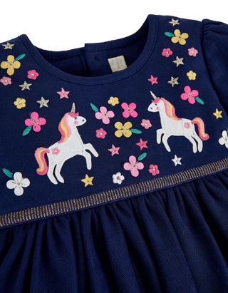 Jojo Maman Baby Unicorn Embroidered Party Dress in Navy (Imperfect)