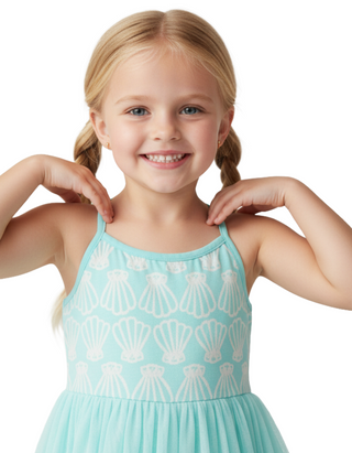 Girls' Racerback Tulle Dress in Simple Seashells on Sky Blue (Imperfect)