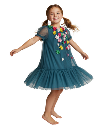 Mini Boden Girl's A line Flutter Flower Applique Dress in Blue (Imperfect)