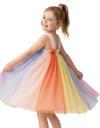 Girls' Sleeveless Tulle Paneled Dress in Multi Rainbow