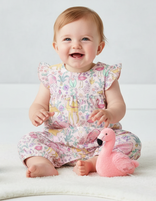 JoJo Maman Bébé Tropical Animals Pretty Ruffle Jumpsuit in Coral Pink (Imperfect)