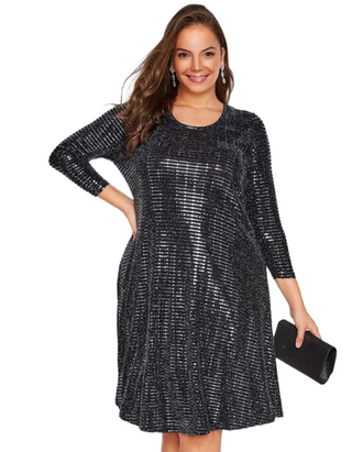 Women's Plus Size Metallic Party Swing Dress in Black