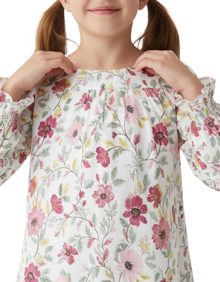 John Lewis Girls' Printed Floral Puff Sleeve Dress in White Mix