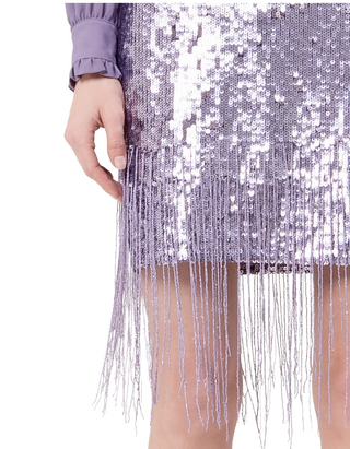 Women's All-Over Sequin Fringe Trim Skirt in Lilac