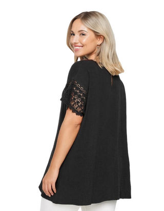 Women's Plus Size Cheesecloth Crochet Top in Black