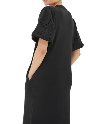 Women's Broderie Sleeve Enya Jersey Dress in Black (Imperfect)