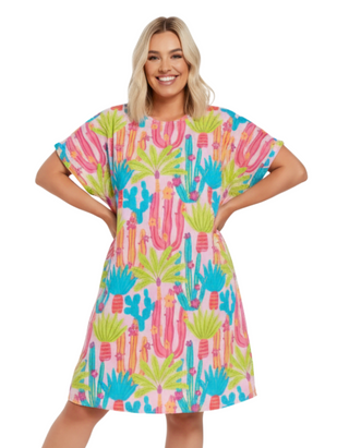 Women's Plus Size Cactus Print Tunic Dress in Pink