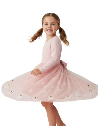 Girl’s Embroidered Tulle Dress in Pink/Dancing Snowflakes
