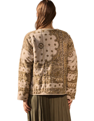 Women's Paisley Print Quilted Popper Front Jacket in Ecru/Yellow